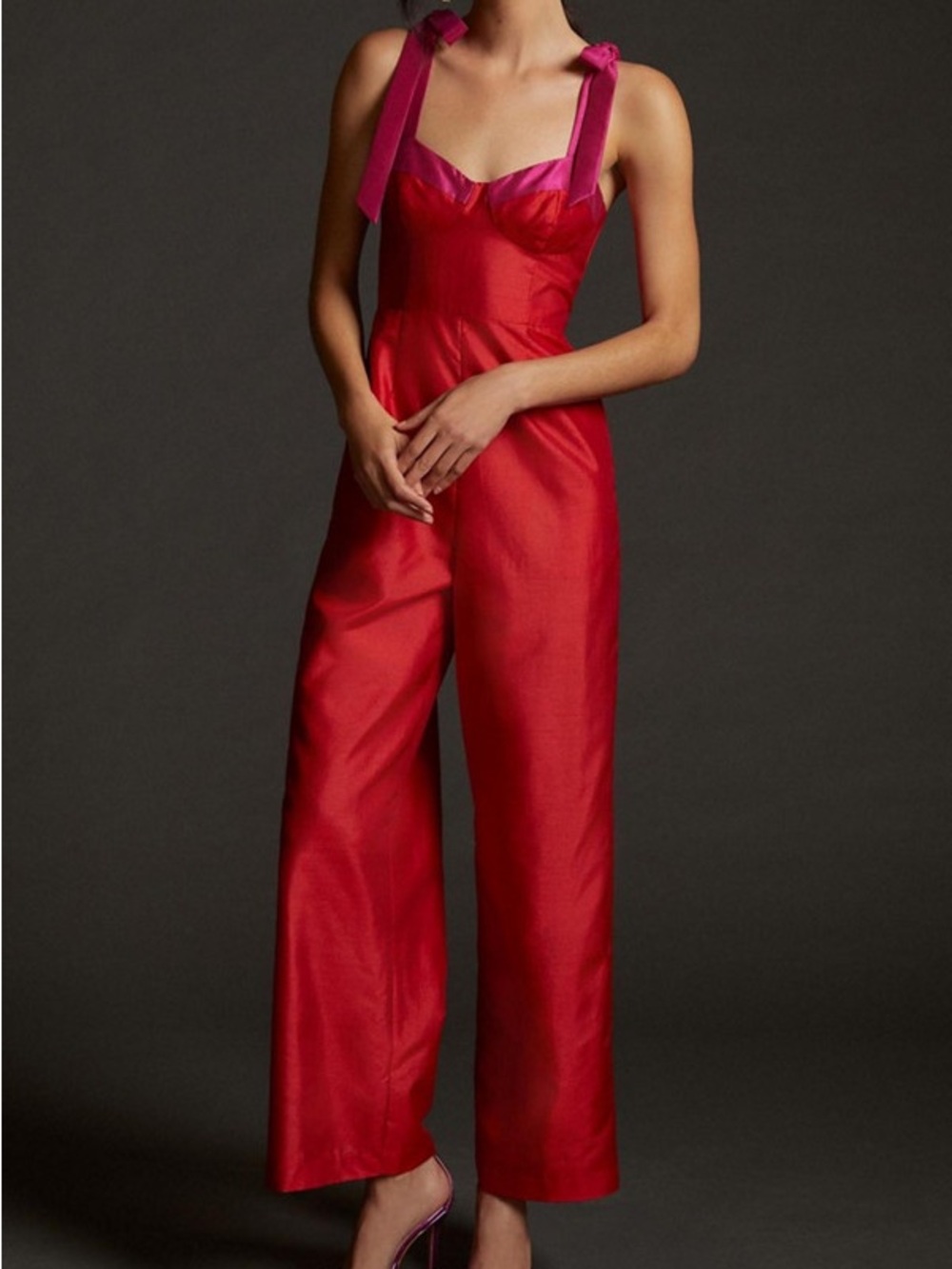 Hutch Red Satin Jumpsuit with Pink Shoulder‎ Ties